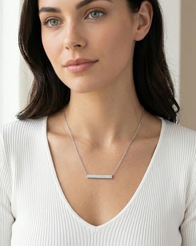 Horizontal Bar Necklace for Women, Sterling Silver or 14K Gold Plated Silver, Minimalist, CZ Diamond, Dainty Bar Pendant - Unique Jewelry Gift - style: Signature Pavé - Silver