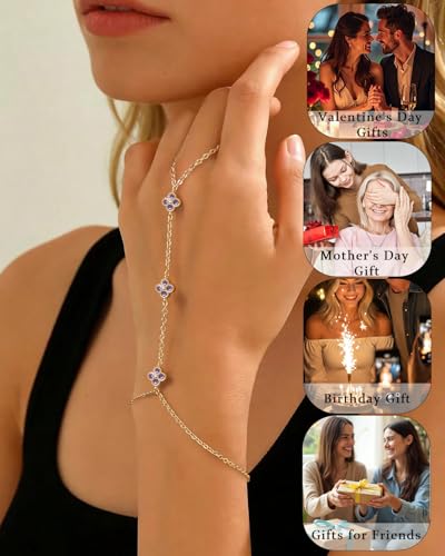 Gold Hand Chain Bracelets for Women Trendy Dainty Birthstone Clover Charm Ring Bracelet Hand Chain Set Non Tarnish 14K Gold Plated Stackable Finger Bracelets for Women Birthday Jewelry Gifts - color: 02. February(Amethyst)