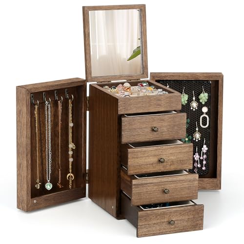 Meangood Jewelry Box Wood for Wowen, 5-Layer Large Organizer Box with Mirror & 4 Drawers for Rings, Earrings, Necklaces, Walnut - color: 5 Layer Walnut, size: 5 Layer