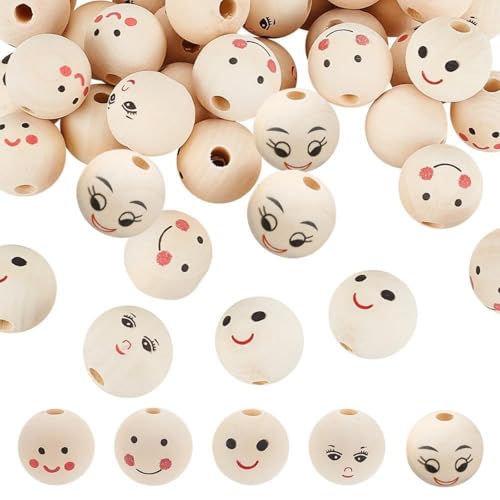 OLYCRAFT 40Pcs 5 Style Smiling Face Wooden Beads 25mm Round Painted Wooden Beads with 4.7mm Large Hole Head Bead Round Loose Spacer Bead for DIY Crafts Hanging Decorations Jewelry Making - color: 5 Styles Smiling Face