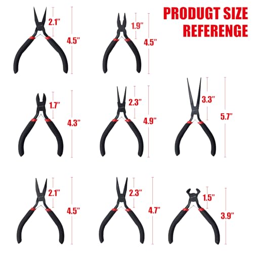 WISEUP 8-Piece Mini Pliers Set，Needle, Round, Flat, Long, Bent Nose, Diagonal, End Cutting & Linesman Pliers for Crafting, Electronics & Jewelry Making，with Pouch