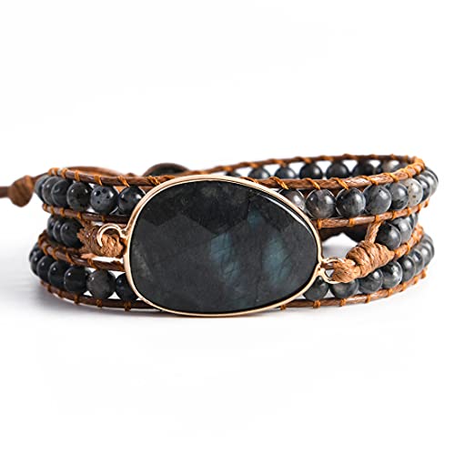 YGLINE Women Boho Handmade Natural Stone Crystal Leather Bead Wrap Bracelets Collection - color: Labradorite-3w