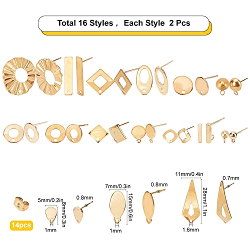 SUNNYCLUE 1 Box 46Pcs 16 Styles Stainless Steel Stud Earring Finding Including 32pcs Hypoallergenic Ear Stud & 14Pcs Ear Nuts for Women Beginners DIY Earring Jewellery Making Crafts, Golden - color: 16 Pairs Golden Tone Stud Earring Findings