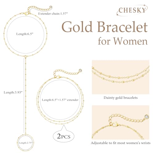 CHESKY 14K Gold Plated Hand Chain Bracelets for Women Set - Dainty Finger Ring Bracelet Stack Adjustable Hand Chains Durable Beaded Bracelets Trendy Simple Body Jewelry Gift for Women - style: 3thin bracelet-gold