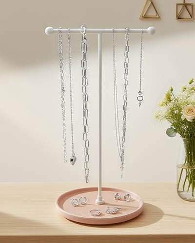 VROOMIUM Necklace Holder Stand - 6in Ceramic Base X 1ft Height, Aesthetic Decor for Bedroom, Jewelry Organizer for Necklace, Bracelets, Rings, Exhibidor de Collares- Romantic Pink - color: Cir. Romantic Pink