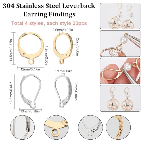 SUNNYCLUE 1 Box 80Pcs Leverback Earring Findings Huggie Hoop Earring Findings Lever Back Ear Hooks Lever Back Ear Hook Earwires for Jewelry Making Accessories DIY Craft Supplies - color: 1 Box 80pcs Stainless Steel Leverbacks Mixed Shaped Mixed Color
