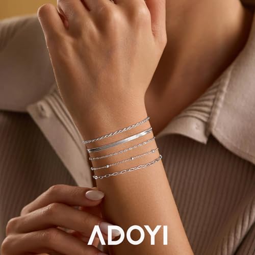 adoyi Gold Bracelets for Women, 14K Gold Plated Stackable Bracelet Stack Set Adjustable Charm Paperclip Chain Cuban Link Layered Waterproof Jewelry Sets Gifts for Womens - color: Silver 6.5 IN General Wrist