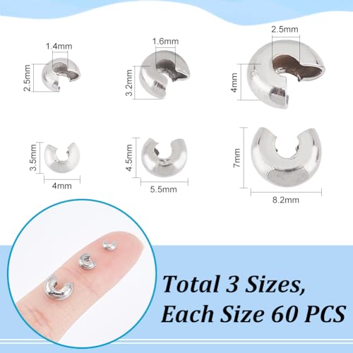 UNICRAFTALE 180Pcs 3 Sizes 304 Stainless Steel Crimp Beads Knot Covers Half Round Open Beads End Tip Metal Small Beads for DIY Bracelet Jewelry Craft Making - size: 4/5.5/8.2mm