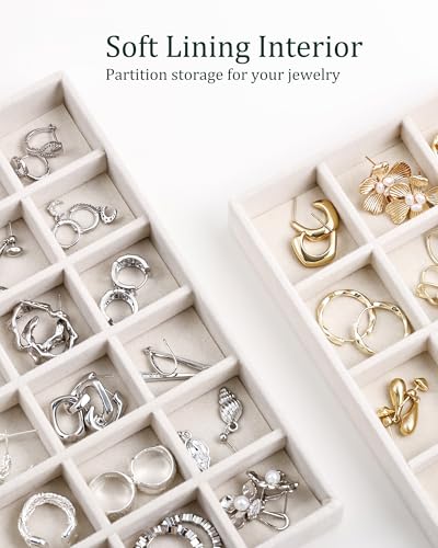 Stackable Jewelry Organizer Trays with Removable Dividers, 2-Tray Beige Jewelry Drawer Organizer Set for Earrings, Necklaces, Rings & Bracelets Gift for Her