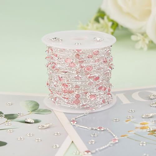 KYUNHOO 16.4 Feet Pink Rhinestone Bead Jewelry Chain Roll Stick Links Silver Chains for Jewelry Making with Connectors DIY Handcrafts - color: Pink Crystal Bead