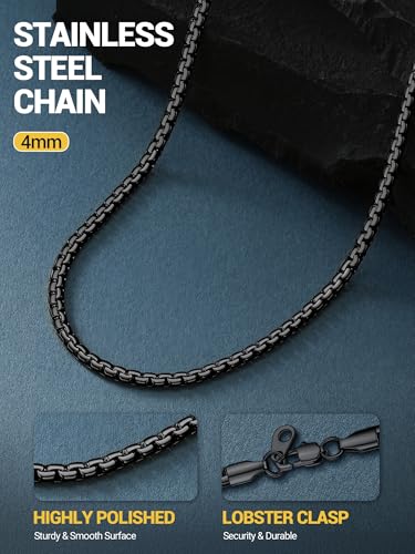PROSTEEL Stylish Stainless Steel Flat Box Link Chain Necklace for Men, Silver/Gold/Black Tone, Hypoallergenic Jewelry, 14"-30", Come with Box - size: 18 inch(46cm), style: 4mm-Cool Black