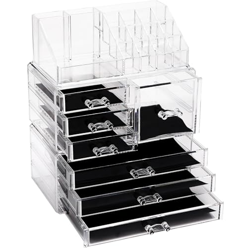 Sea Team 3-Layer Stackable Clear Makeup Organizer with Drawers, Acrylic Plastic Cosmetic Display Case, Jewelry Storage Box for Dresser, Bathroom, Vanity, Countertop (7 Drawers, 1 Lipstick Holder) - size: 7 Drawers, 1 Lipstick Holder