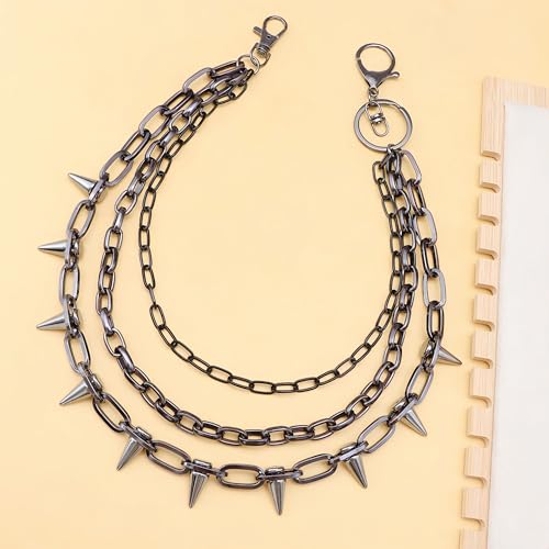 Layered Punk Pants Chain for Men Women, Gothic Hip Hop Jean Chain Wallet Chain Biker Trouser Chain, Goth Emo Fashion Keychain Accessories - color: 3L-Black Rivet