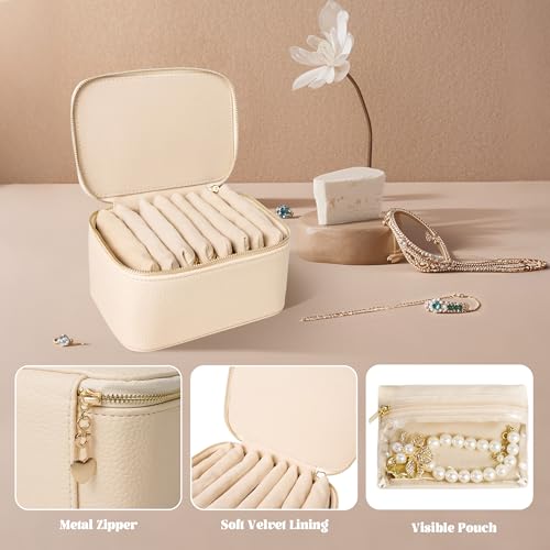 Travel Jewelry Case, Small Travel Jewelry Box with 8 Velvet Jewelry Bag Mini Pouch, Portable Travel Jewelry Organizer for Rings Earrings Necklaces (Beige 8 Pcs) - color: Beige 8 Pcs