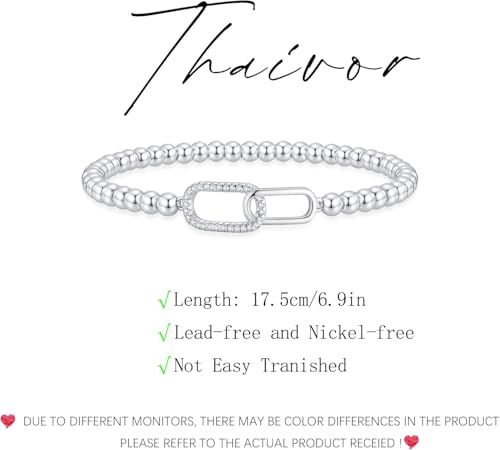 Mothers Day Gifts - Beaded Bracelets for Women 14K Silver Gold Plated Stretch Handmade Ball Bracelets Cute Charm Bracelet Dainty Stackable Cross Heart Bow Wave CZ Circle Trendy Jewelry Easter Gifts - color: zirconia-square-silver