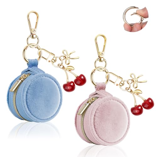 Jewelry Ring Holder Keychain, 2 Pack Velvet Jewelry Holder Storage Box with Buckle, Portable Small Travel Ring Keeper Case for Rings, Earrings, Stud, Necklaces (Pink+Light Blue) - color: Pink+Light Blue