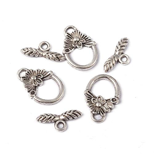 Craftdady 50 Sets Antique Silver Round Flower Toggle Clasps Tibetan T Bar Closure Ring End Clasps for Bracelet Necklace Making - color: Antique Silver, 18x12mm