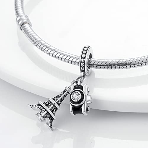 MULA 925 Sterling Silver Charms for Bracelets and Necklaces Lipstick and Bag Dangle Pendants Tower Camera Beads Jewelry Charms for Women - color: Camera and Tower