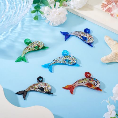 FASHEWELRY 5Pcs Large Lampwork Dolphin Charms Transparent Cute Glass Ocean Animals Penadants Cartoon Sea Fish Charms for DIY Bracelet Jewelry Making - color: Transparent Dolphin-Sequins