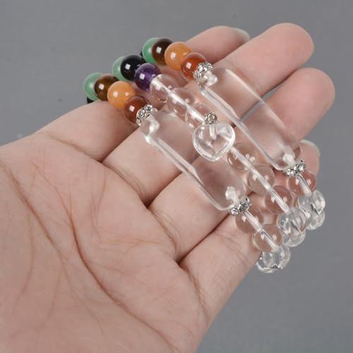Justinstones Gem Semi Precious Gemstone Love Heart Charm Stretch Beaded Bracelet Unisex - color: Clear Quartz(7 Chakra)