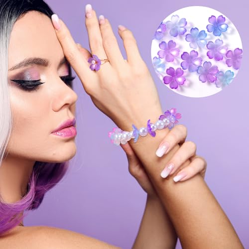 100pcs Cherry Blossom Beads, 5-Petal Gradient Acrylic Flower Beads, Mini Spacer Hair Accessories Halloween Christmas for Bracelets Earring Jewelry Making- Purple - color: Purple