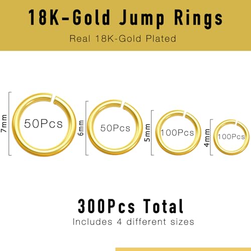 300PCs 18k Gold Plated Jump Rings for Jewelry Making, 4mm 5mm 6mm 7mm Earring Bracelet Necklace Finding & Supplies (18K Gold Plated) - color: 18K Gold