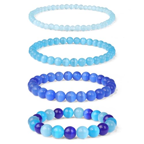 Vinswet 4pcs Beaded Bracelets for Women,Natural Healing Crystal Gemstones Bracelet,Anxiety Stress Relief Bracelet Handmade purple Jewelry Gifts for Women - color: Light blue cat eyes&Blue cat eyes&Dark blue cat eyes
