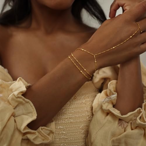 CHESKY 14K Gold Plated Hand Chain Bracelets for Women Set - Dainty Finger Ring Bracelet Stack Adjustable Hand Chains Durable Beaded Bracelets Trendy Simple Body Jewelry Gift for Women - style: 3beads bracelet-gold