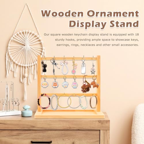 3 Tier Wooden Earring Display Stand With 18 Metal Hooks, Wood Keychain Display Stand for Showcasing Keys Jewelry and Accessories for Vendor Booth, Retail Store, Home