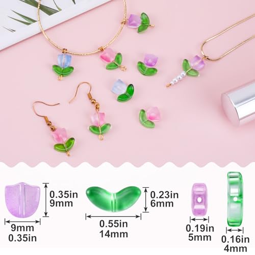 PAGOW 60 Pcs Tulip Flower Glass Beads, Glass Translucent Bracelet Beads, Colorful Handcrafted Crystal Loose Glass Beads for Spring Summer Valentines Wedding DIY Jewelry Making - color: Tulip Beads (Glass) -3 Colors