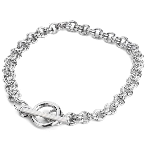RUBYCA 5Pcs Toggle Clasp Silver Color Charm Rolo Bracelet Double Long Link Chain 20cm DIY Jewelry - color: 5 PCS, size: 20 CM