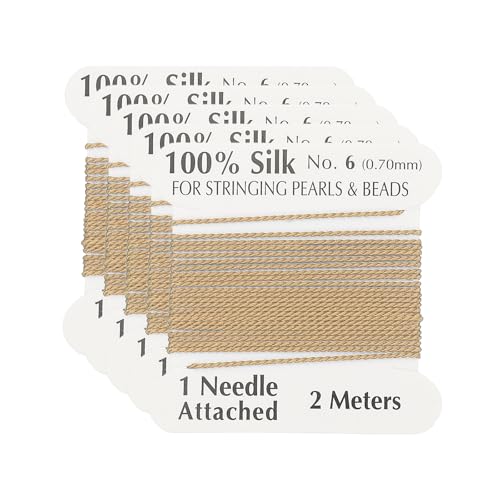 PATIKIL Silk Cord Thread, 5 Pcs Pure Silk Beading Thread Cord Size 0.6 mm with The Knotting Pearls Needle Attached, Gold Tone - color: Gold Tone