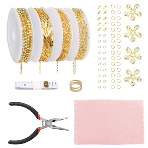 Fesorsi Gold Chain for Jewelry Making, 29.5ft 4 Style Steel Jewelry Chain, Electroplating Process, for DIY Necklace Chains, Tassel Pendants, with Jump Ring, Lobster Clasp, Pliers - color: Gold, size: 29.5ft 4Style