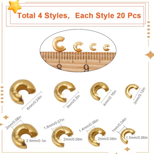 SUNNYCLUE 1 Box 80Pcs 3mm 4mm 5mm 6mm Stainless Steel Crimp Bead Covers Gold Crimp Knot Covers Small Open Side Half Round End Caps Metal Spacers for Jewelry Making DIY Bracelets Necklace
