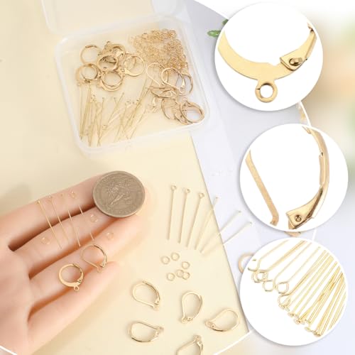 1 Box 180Pcs 18K Gold Plated Leverback French Hooks Stainless Steel Earring Findings Kit Eye Pin Head Pins Jump Ring Open Loop French Earwire Lever Back Earrings Findings for Jewelry Making - color: Gold
