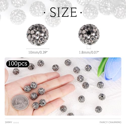100 Pcs Hematite Rhinestone Beads for Jewelry Making, Sparkle Crystal Clay Christmas for Bracelet Baseball Necklace Earring Crafting and DIY, Shiny Round Shamballa Disco Ball Beads Bulk - color: Hematite, size: 100 pcs