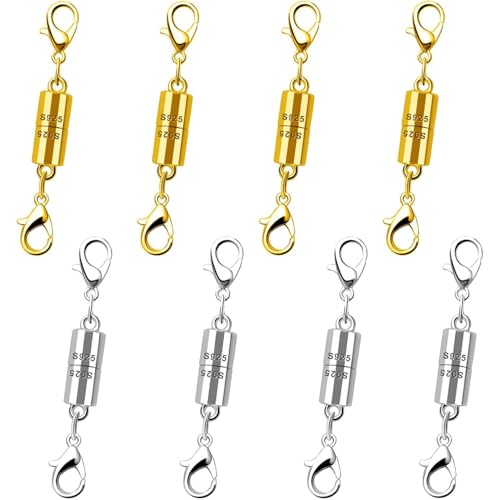 925 Sterling Silver Magnetic Clasp, Strong Jewelry Connector for Necklaces and Bracelets, Double Hook Design (8pcs Golden Silvery) - color: 8pcs golden silvery
