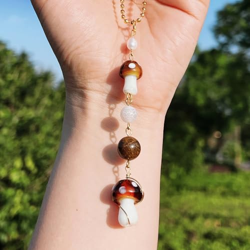Car Rear View Mirror Accessories Witchy Car Hanging Ornament, Mushroom Rearview Decor Charm White Agate Handmade Bronzite Beaded Crystal Swinging Cute Interior Decor for Women Men - color: Mushroom02