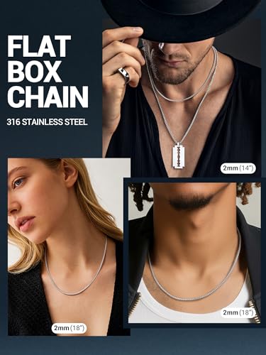 PROSTEEL Stylish Stainless Steel Flat Box Link Chain Necklace for Men, Silver/Gold/Black Tone, Hypoallergenic Jewelry, 14"-30", Come with Box - size: 24 Inch(61cm), style: 2mm-Elegant Silver