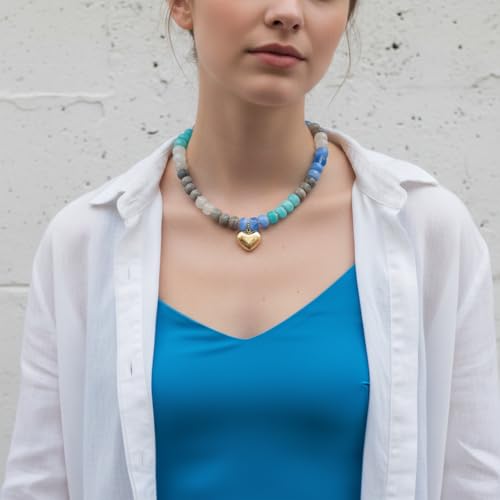 Chunky Heart Necklace for Women, Colorful Acrylic Beaded Statement Puff Heart Necklace, Cute Boho Y2K Choker Necklace for Gift Jewelry - color: Gray-blue