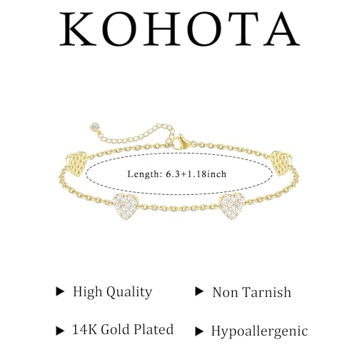 KOHOTA Silver Gold Bracelets for Women Trendy 14K Gold Plated Bracelet for Women Non Tarnish Dainty Stackable Clover Flower Heart Butterfly Diamond CZ Charm Station Bracelets Stack Jewelry Gifts - color: E: Heart-Gold