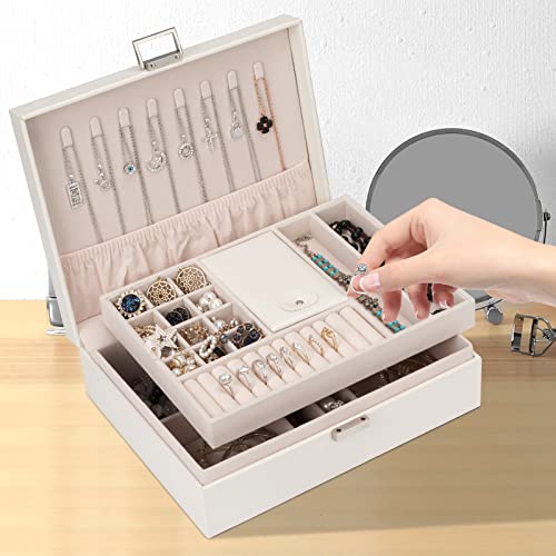 Jewelry Organizer Box for Girls Women - Double Layer Large Travel Jewelry Case with Gift Box/White - color: White