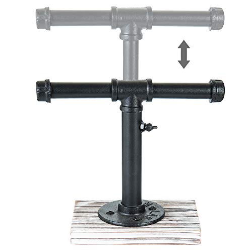 MyGift Industrial Pipe Black Metal T-Bar Adjustable Height Jewelry, Bracelet & Necklace Display Stand with Torched Wood Base - color: Black / Torched Wood