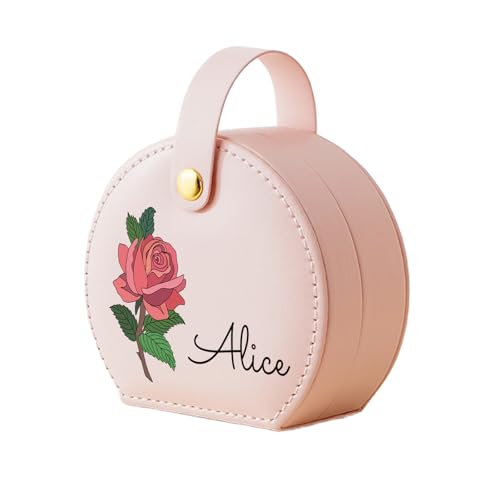 Personalized Travel Jewelry Case, Custom Leather Customized Jewelry Organizer Box w/Name & Birth Flower Month - Birthday Gifts for Women Mom Jewelry Travel Case - style: 01-Birthflower