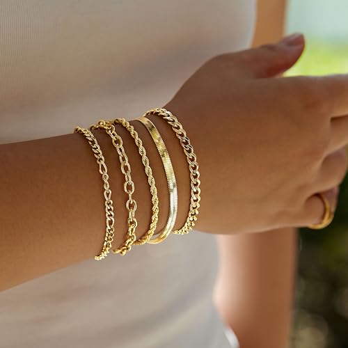 Gold Bracelets Set for Women Stack, Chunky Thick Bracelets Stack for Women Trendy, Simple Dainty Thin Gold Plated Cuff Stackable Bracelets With Beaded Cuban Paperclip Snake Rope Bangle Hand Chain Jewelry - style: Style 10-gold