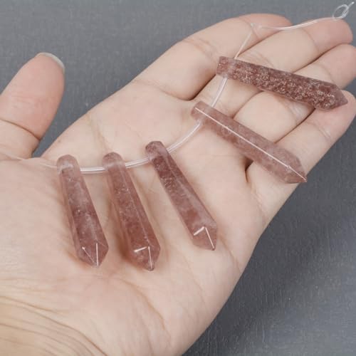 50mm Natural Strawberry Quartz Hexagonal Wand Jewelry Making Crystal Pointed Chakra Reiki Healing Beads 2mm Hole Drilled(Pack of 5) - color: Strawberry Quartz
