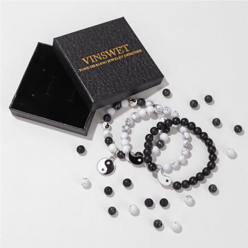 Vinswet Healing Crystal Beaded Bracelets for Women,Natural Amethyst Gemstones Bracelet,Anxiety Stress Relief Heart Charm Bracelet Handmade purple Jewelry Gifts for Women - color: white howlite&black agate
