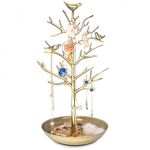 INVIKTUS Silver Birds Tree Jewelry Stand Display Earring Necklace Holder Organizer Rack Tower - color: antique cyan