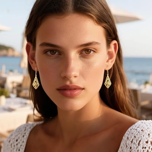 925 Sterling Silver Dangle Earrings for Women, 14K Gold Plated Filigree Dangling Leverback Earrings, Geometric Hypoallergenic Lightweight Dangly Drop Earings for Women Trendy Jewelry Gifts - color: A-14K Gold