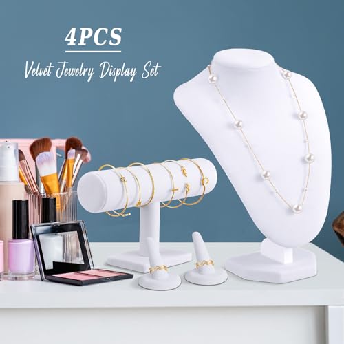 Wenqik 4 Pcs White Velvet Jewelry Display Set Necklace Bust Holder Bracelet Organizer 2 Velvet Ring Finger Jewelry Holder